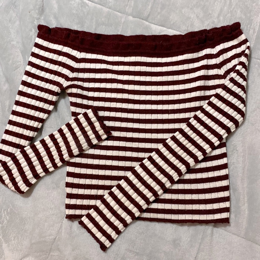 Maroon and white Off the Shoulder Crop Top